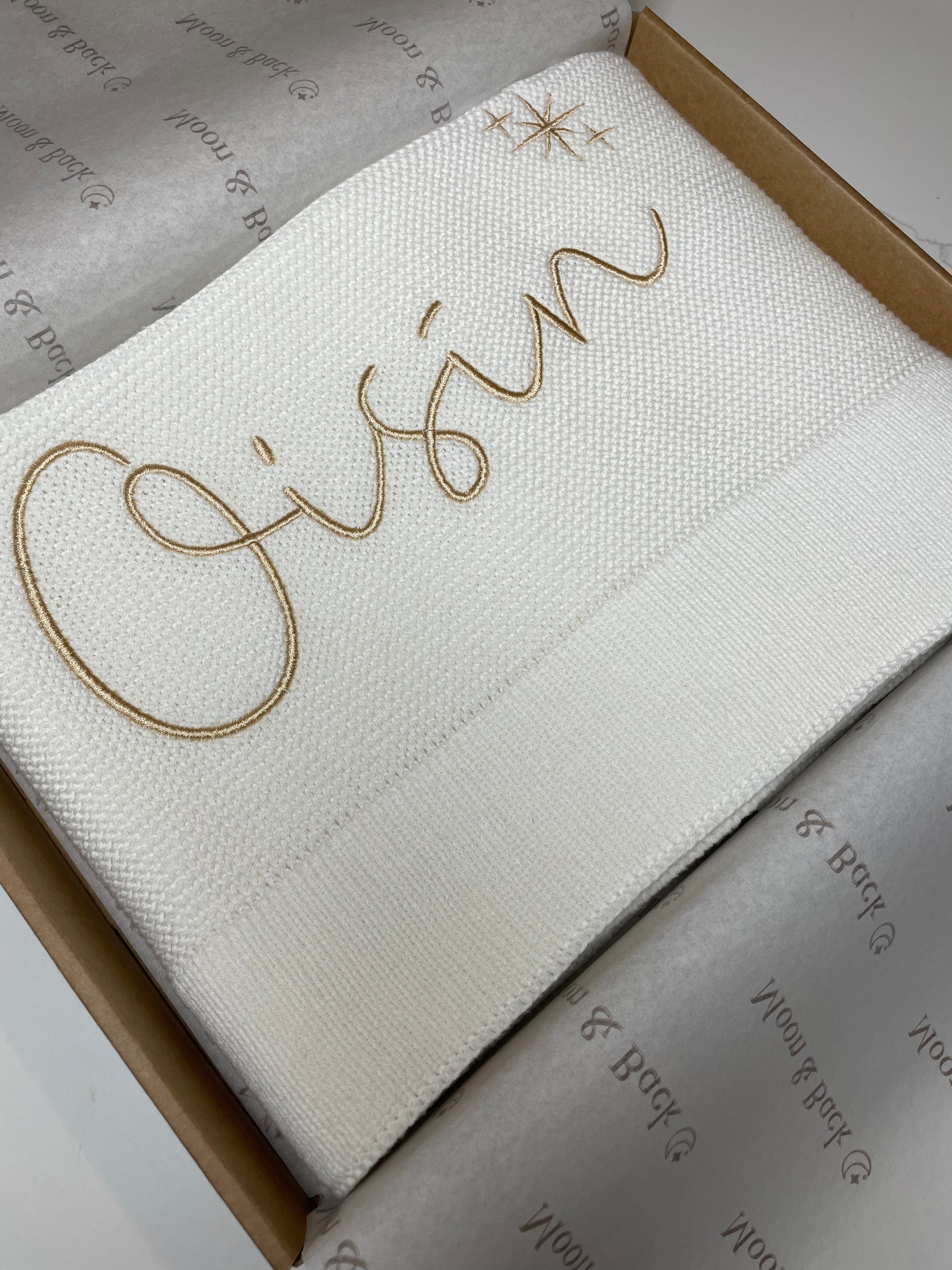 White Personalised Baby Knit Blanket – Moon Back